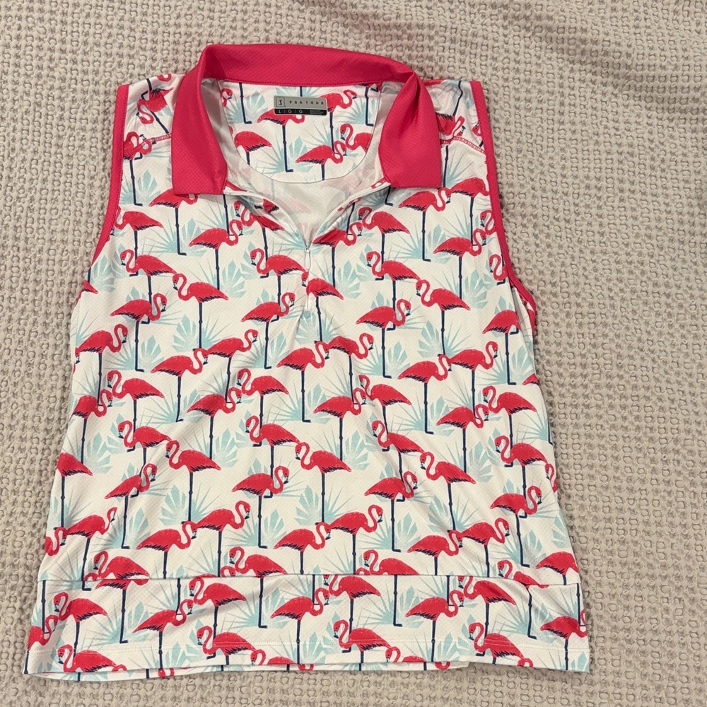 PGA Tour Flamingo Pattern Polo - Pink and White